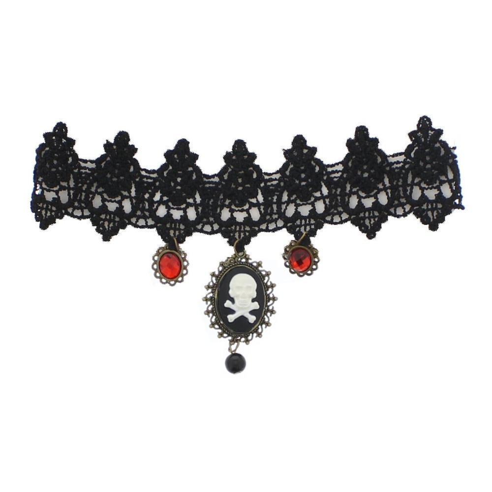Zac's Alter Ego - Lace Choker with Skull & Crossbones Cameo & Red Jewels Halsband - Schwarz